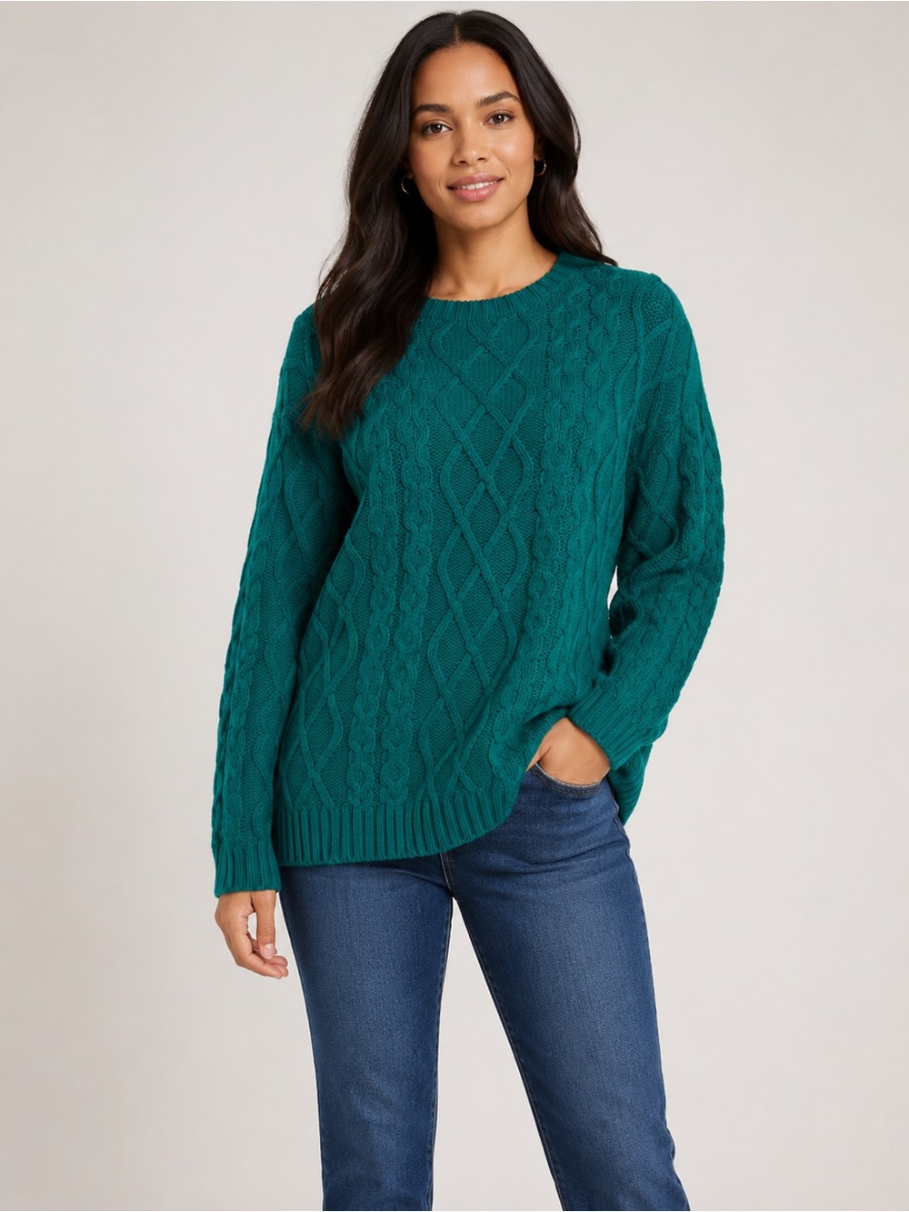 Long Tall Sally Green Cable Knit Sweater | Tall Girl Friendly